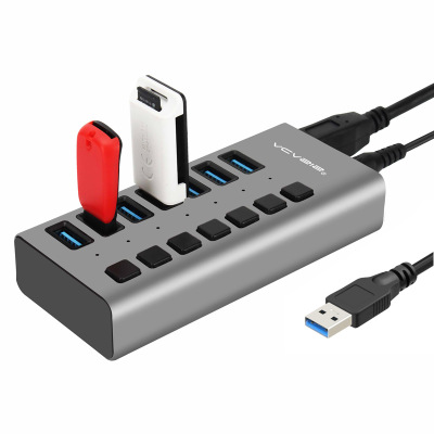 USB3.0集線器7port鋁合金集線器USB3.0 HUB電源獨立開關按鍵