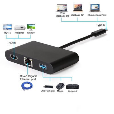USB C TYPE-C轉HDMI 4K RJ45 USB 3.0 PD適配器電纜轉換器四合一